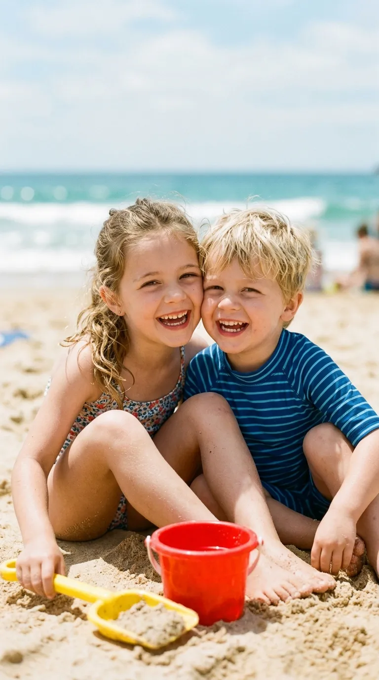 Two siblings laughing on a beach