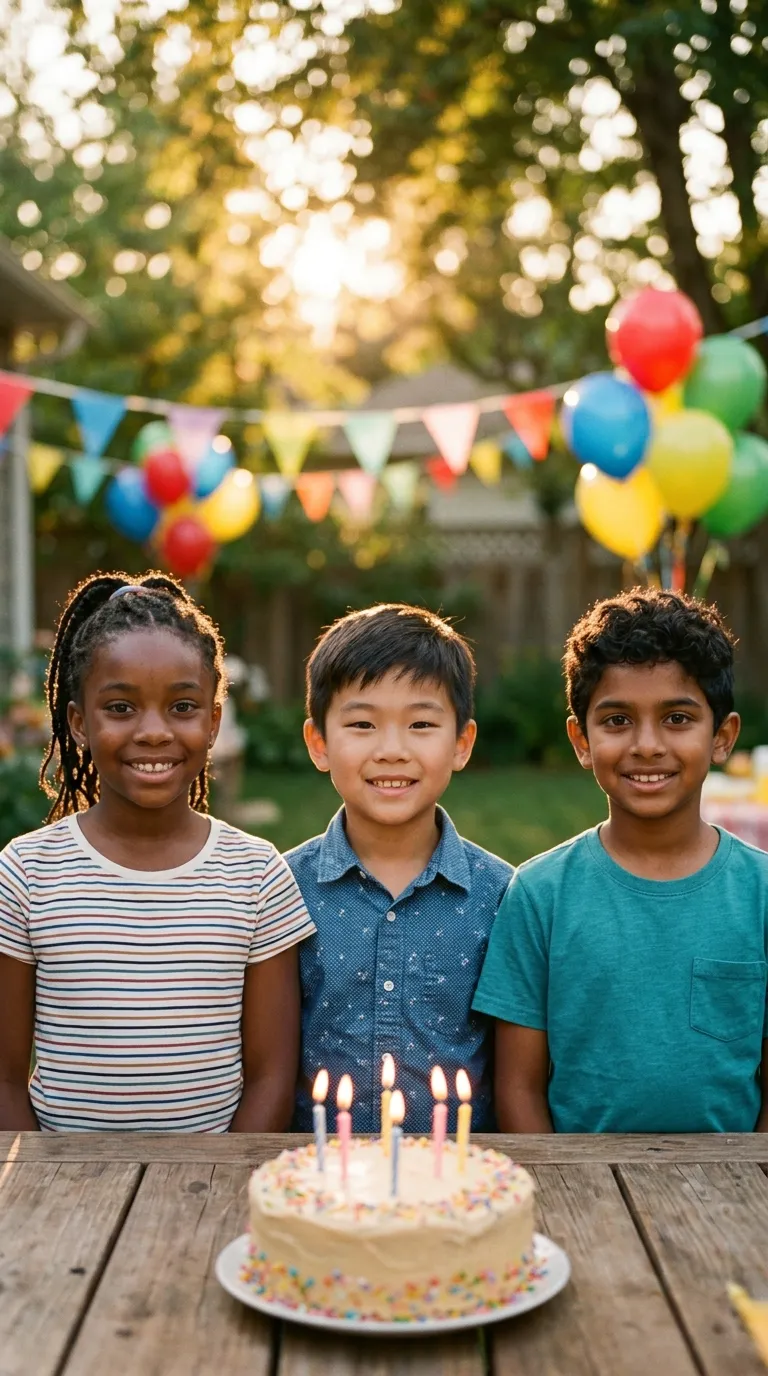 Three children smiling behind a birthday cake